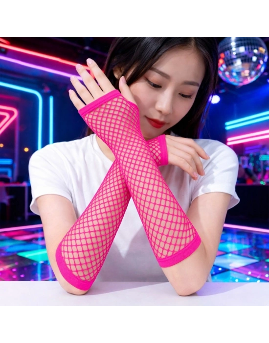Retro Neon Fuşya File Parmaksız Eldiven 26 cm