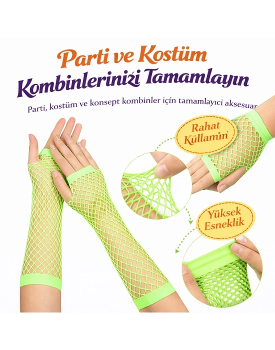 Retro Neon Yeşil File Parmaksız Eldiven 26 cm