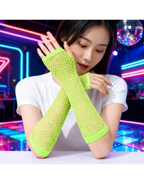 Retro Neon Yeşil File Parmaksız Eldiven 26 cm