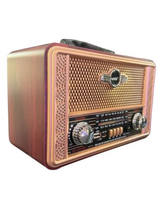 ®  Retro, Nostaljik, Ahşap Tasarım Bluetooth Hoparlörlü, Şarjlı, Taşınabilir Otantik Tasarımlı FM/AM Destekli Radyo NS8098