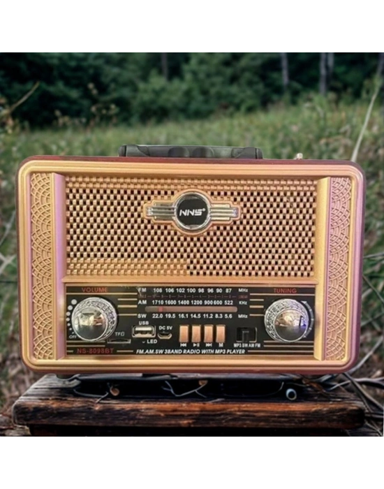 ®  Retro, Nostaljik, Ahşap Tasarım Bluetooth Hoparlörlü, Şarjlı, Taşınabilir Otantik Tasarımlı FM/AM Destekli Radyo NS8098