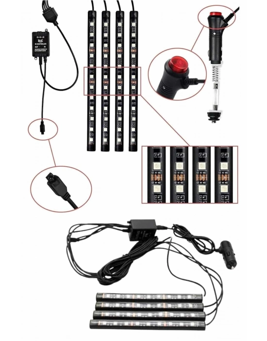 ® RGB Işıklı Araç İçi Aydınlatma Kumandalı 12li Led Işık Renk Değiştirebilen