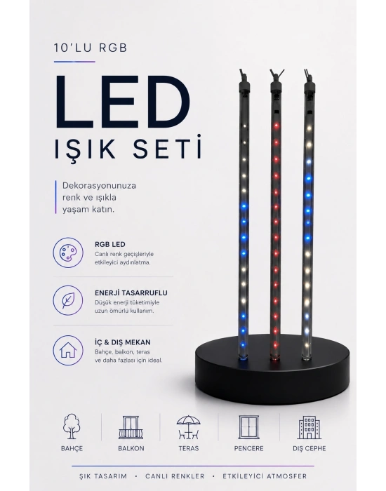 RGB LED Dış Ve İç Mekan Süsleme Işığı 10 Çubuklu Şerit