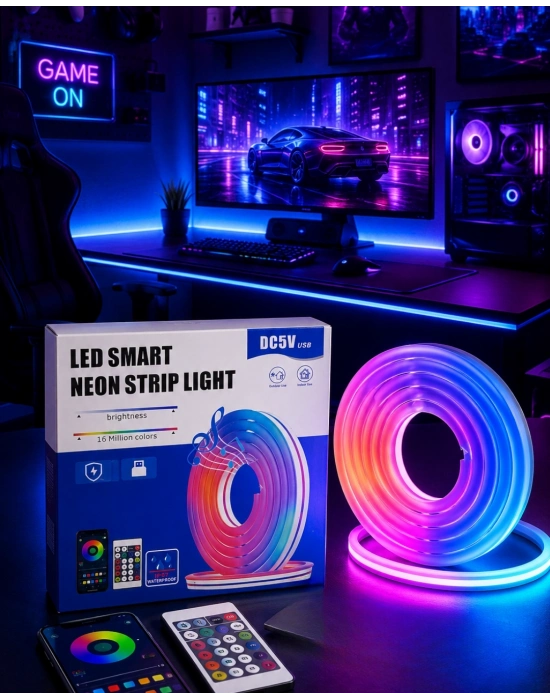 RGB Neon Led Şerit Işık Kumandalı USB Girişli Su Geçirmez Şerit Led