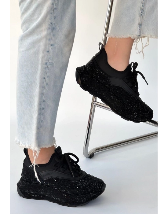 Rimay Siyah Cilt Boncuk İşlemeli Spor Ayakkabı