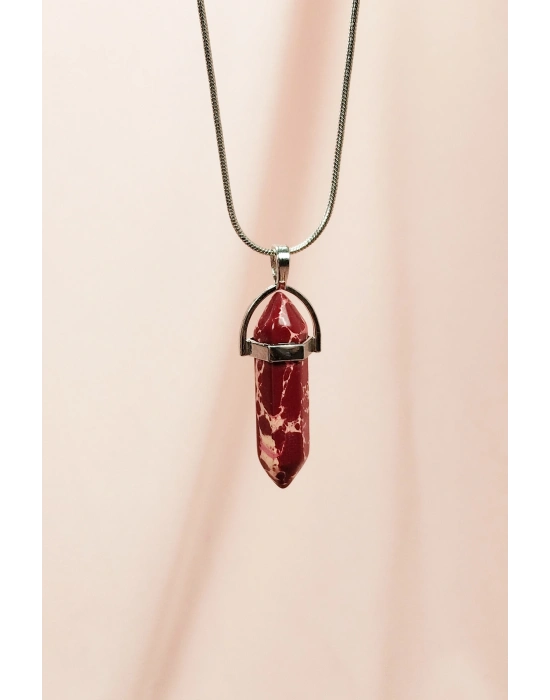 Rodokrozit Doğal Taşı Zincirli El Yapımı Tasarımlı Kolye Uç: 3,5 cm Zincir: 20 cm Kutulu