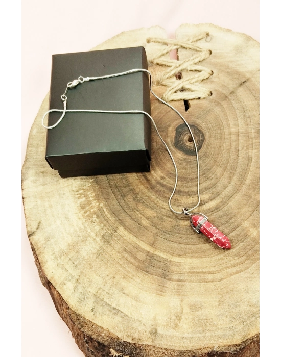 Rodokrozit Doğal Taşı Zincirli El Yapımı Tasarımlı Kolye Uç: 3,5 cm Zincir: 20 cm Kutulu