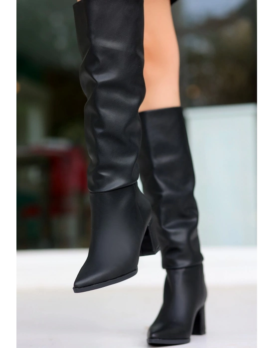 Roksa Siyah Cilt Topuklu Çizme