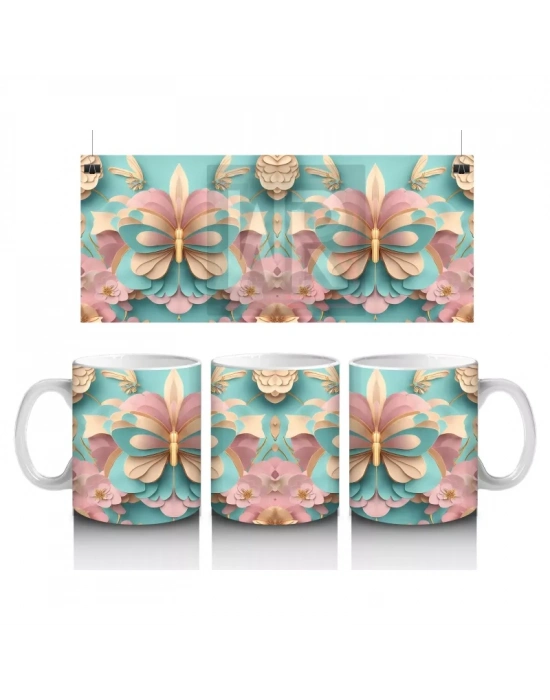 Rölyef Desenli 3D Pembe Kelebek – Baskılı Kupa