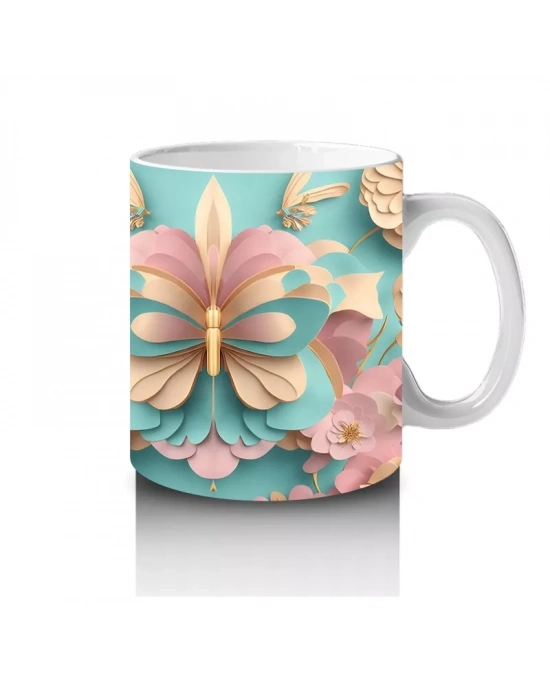 Rölyef Desenli 3D Pembe Kelebek – Baskılı Kupa