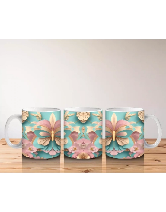 Rölyef Desenli 3D Pembe Kelebek – Baskılı Kupa