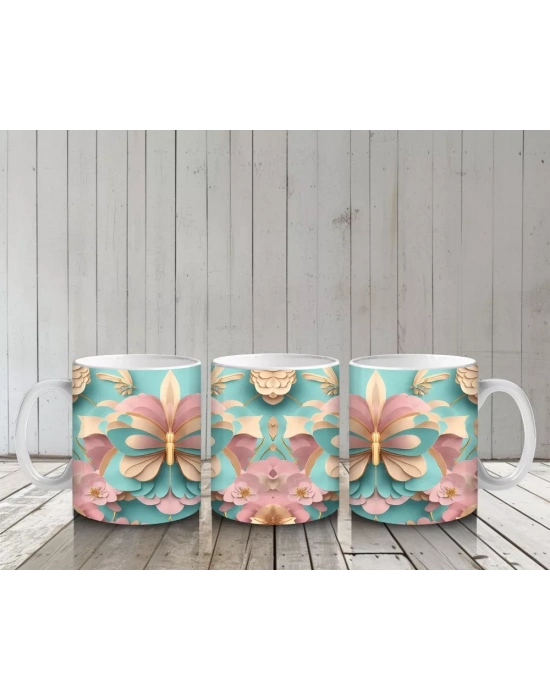 Rölyef Desenli 3D Pembe Kelebek – Baskılı Kupa