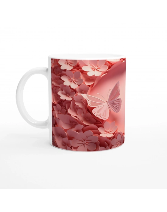 Romantik Çiçek Bahçesinde Uçuşan Kelebekler Temalı Baskılı Kupa Bardak