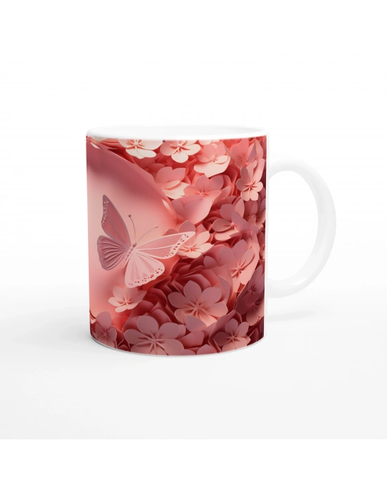 Romantik Çiçek Bahçesinde Uçuşan Kelebekler Temalı Baskılı Kupa Bardak