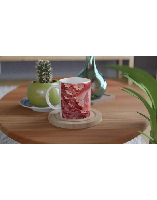 Romantik Çiçek Bahçesinde Uçuşan Kelebekler Temalı Baskılı Kupa Bardak