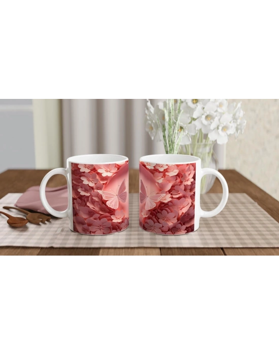 Romantik Çiçek Bahçesinde Uçuşan Kelebekler Temalı Baskılı Kupa Bardak