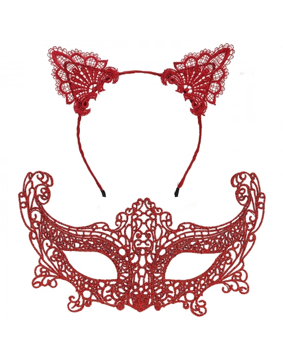 Romantik Kırmızı Dantel Maske Seti – Kedi Kulaklı Taç ve Maske No 3
