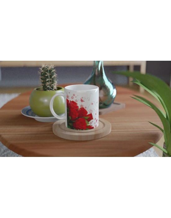 Romantik Kırmızı Gül Desenli Kupa Bardak