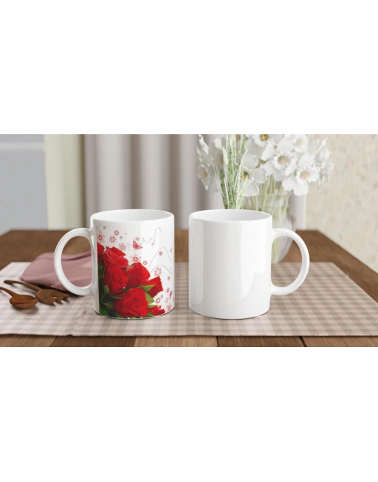 Romantik Kırmızı Gül Desenli Kupa Bardak