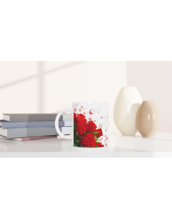 Romantik Kırmızı Gül Desenli Kupa Bardak