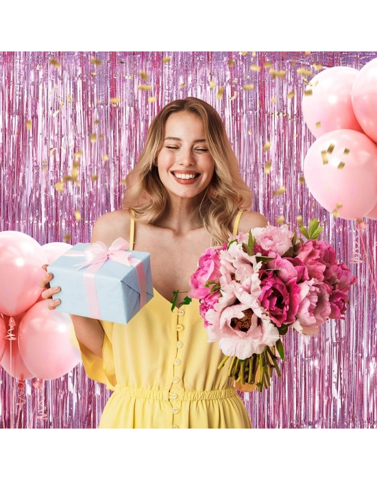 Rose Gold Renk Ekstra Metalize Parlak Saçaklı Arka Fon Perde İthal A Kalite 1x2 Metre