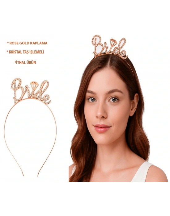 Rose Gold Renkli Taşlı “bride” Gelin Tacı – El Yazısı Yazı Tipiyle