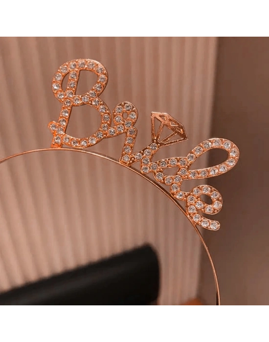 Rose Gold Renkli Taşlı “bride” Gelin Tacı – El Yazısı Yazı Tipiyle