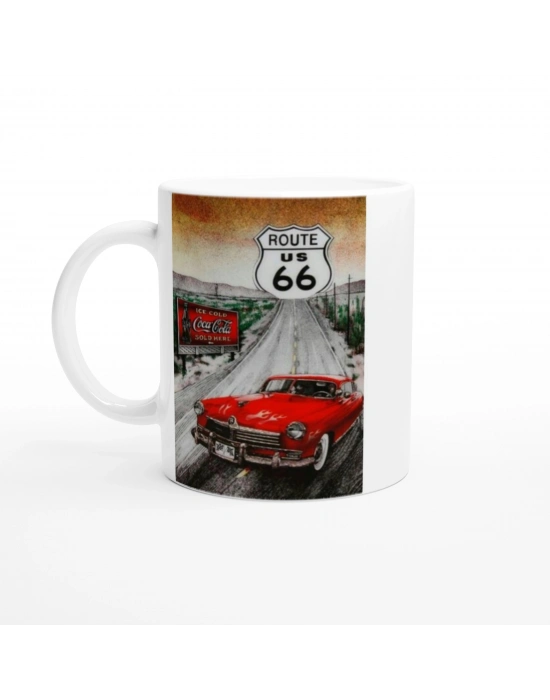 Route 66 Kırmızı Klasik Araba ve Coca Cola Temalı Kupa Bardak