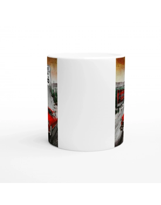 Route 66 Kırmızı Klasik Araba ve Coca Cola Temalı Kupa Bardak