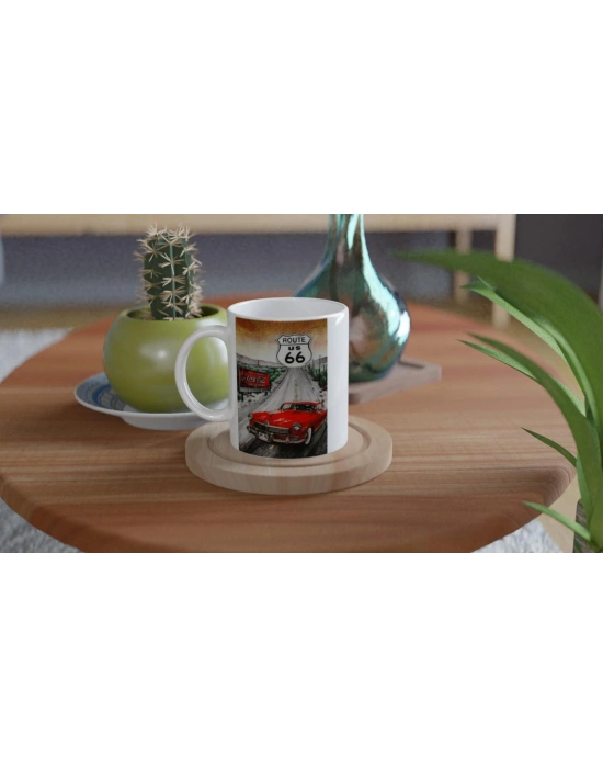 Route 66 Kırmızı Klasik Araba ve Coca Cola Temalı Kupa Bardak