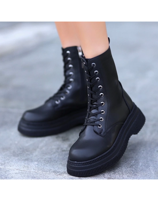 Roxan Siyah Cilt Bağcıklı Bot