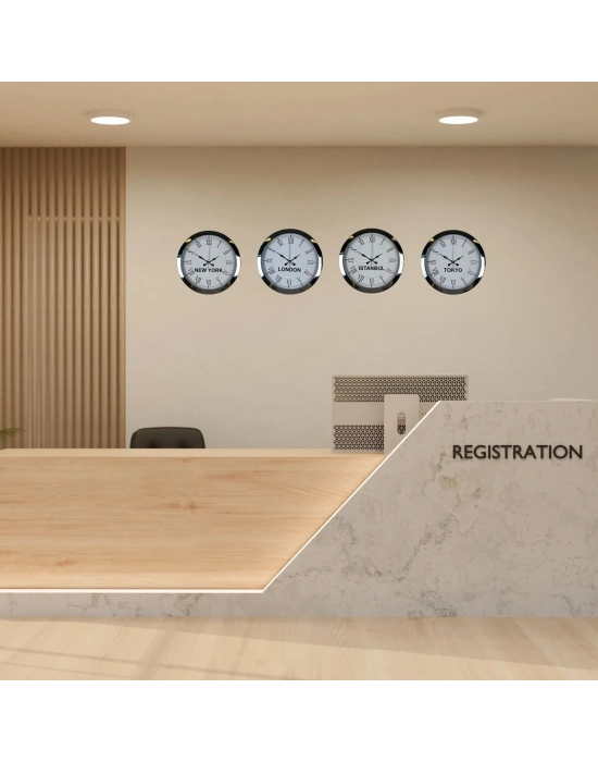 Royal Krom 4’lü 36 Cm Metal Dünya Duvar Saatleri