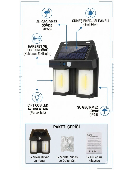 Rustik Ampul İkili Solar Duvar Aplik Güneş Enerjili Hareket Sensörlü