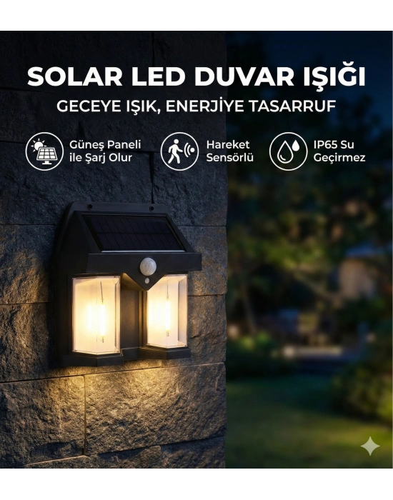 Rustik Ampul İkili Solar Duvar Aplik Güneş Enerjili Hareket Sensörlü