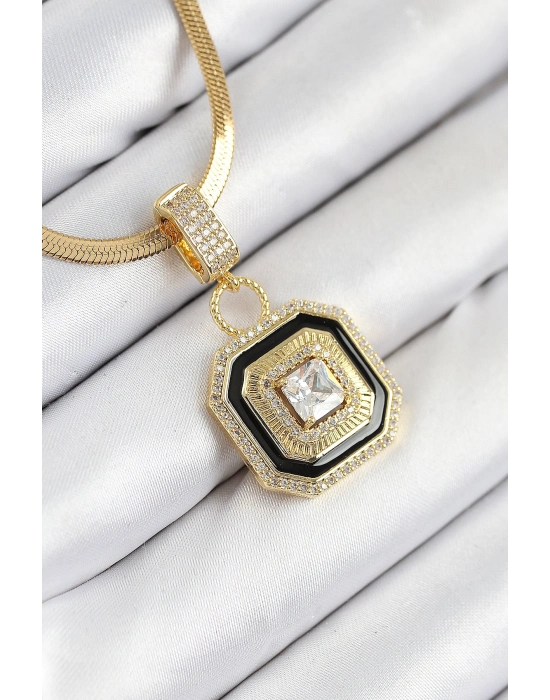 316L Çelik Zirkon Taşlı Siyah Detaylı Baget Model Gold Renk Kadın Kolye