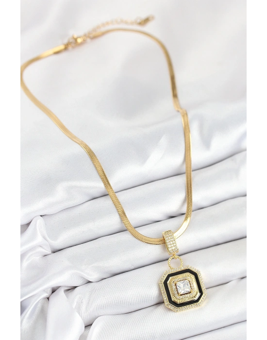 316L Çelik Zirkon Taşlı Siyah Detaylı Baget Model Gold Renk Kadın Kolye