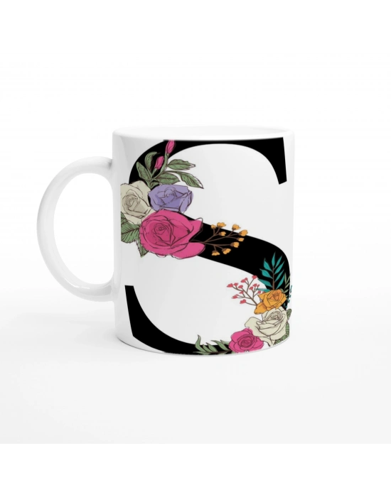 S Harfi Çift Çiçek Motifli Harfli Kupa Bardak