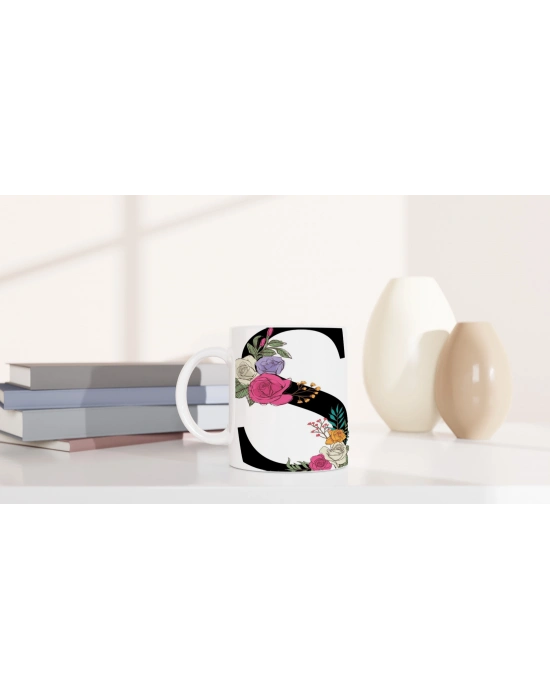 S Harfi Çift Çiçek Motifli Harfli Kupa Bardak