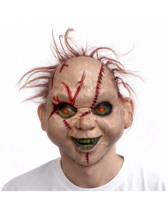 Saçlı Çaki Yeşil Göz Korku Maskesi – Gerçekçi Dikişli Ve Detaylı Maske