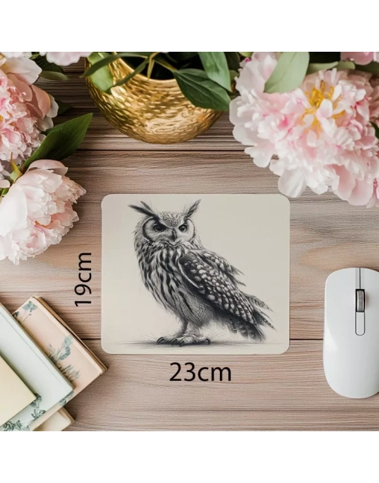 Sade Zeminli El Çizimi Baykuş Tasarımı - 19x23 cm 2 mm Dikdörtgen İthal Baskılı Mouse Pad
