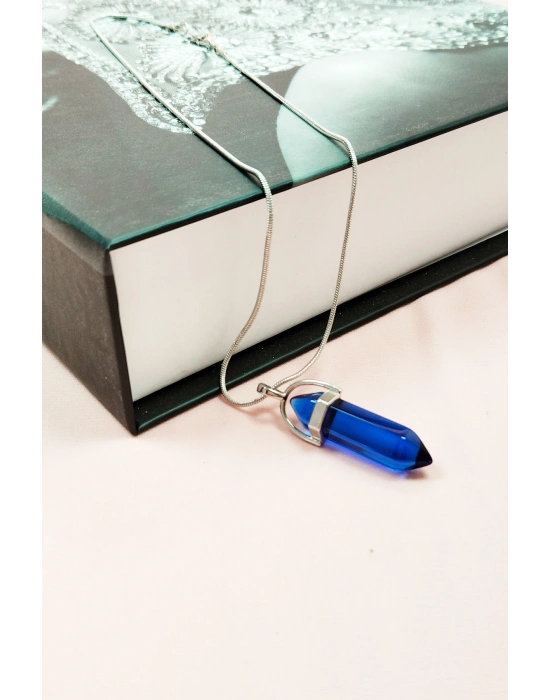 Safir Doğal Taşı Zincirli El Yapımı Tasarımlı Kolye Uç: 3,5 cm Zincir: 20 cm Kutulu