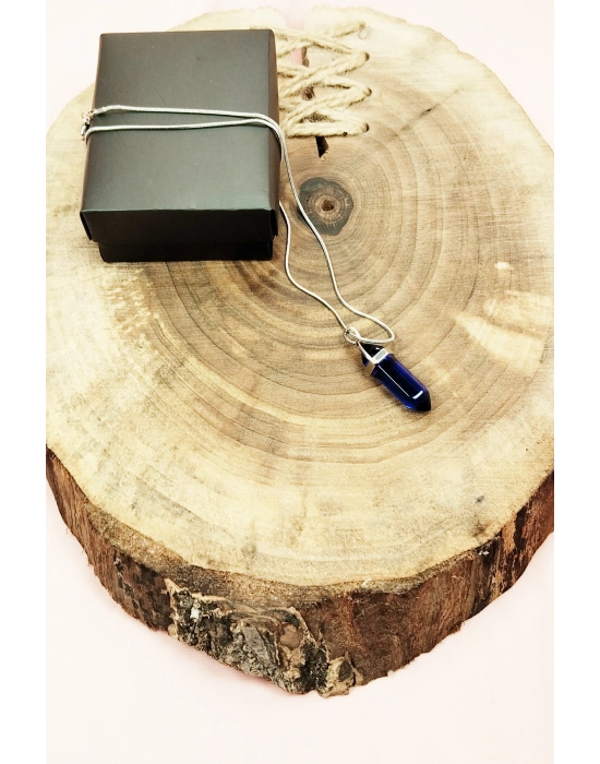 Safir Doğal Taşı Zincirli El Yapımı Tasarımlı Kolye Uç: 3,5 cm Zincir: 20 cm Kutulu