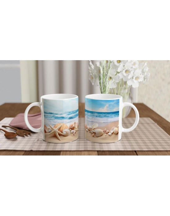 Sahilde Dağılmış Deniz Kabukları Su Altı Temalı Kupa Bardak