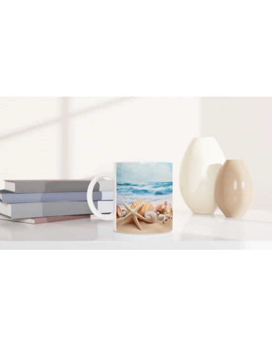 Sahilde Dağılmış Deniz Kabukları Su Altı Temalı Kupa Bardak