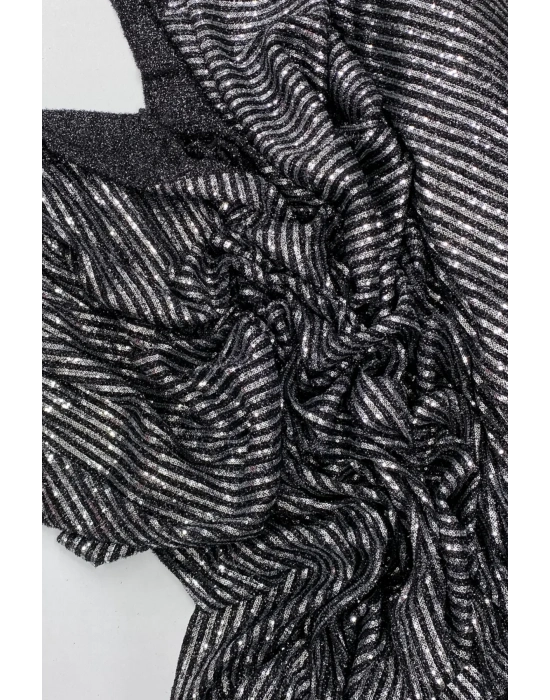 Sakallı Çizgili Pullu Kumaş  Pullu Payet Kumaş Abiye Nişan Düğün Siyah