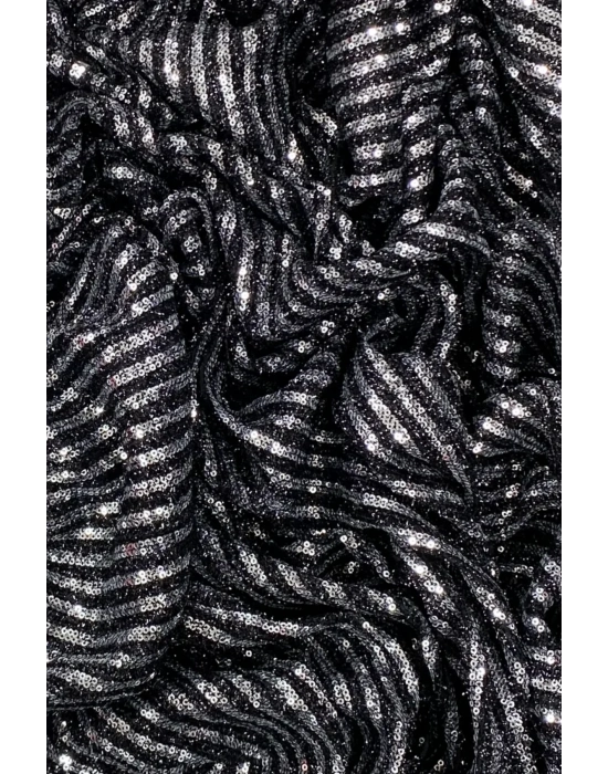 Sakallı Çizgili Pullu Kumaş  Pullu Payet Kumaş Abiye Nişan Düğün Siyah