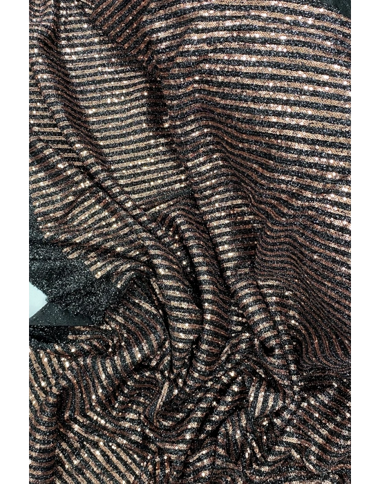 Sakallı Çizgili Pullu Kumaş  Pullu Payet Kumaş Abiye Nişan Düğün Siyah Bakır