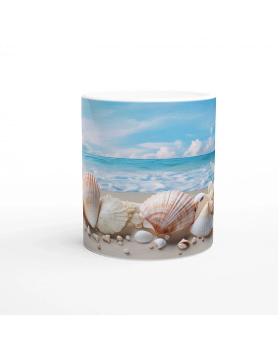 Sakin Dalga Manzarası ve Deniz Kabukları Su Altı Temalı Kupa Bardak