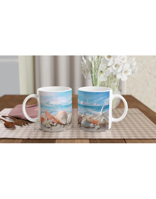 Sakin Dalga Manzarası ve Deniz Kabukları Su Altı Temalı Kupa Bardak