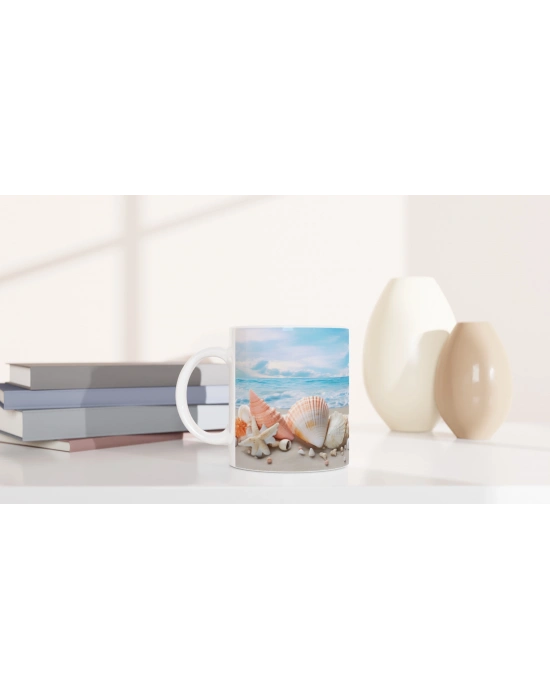 Sakin Dalga Manzarası ve Deniz Kabukları Su Altı Temalı Kupa Bardak